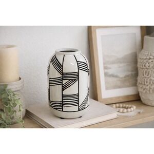 Pier 1 Imports Ceramic Vase Black White Geometric Linear Modern Decor Bud Vase
